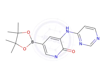 Chemical structure of 1-Methyl-3-(pyrimidin-4-ylamino)-5-(4,4,5,5-tetramethyl-1,3,2-dioxaborolan-2-yl)pyridin-2(1H)-one