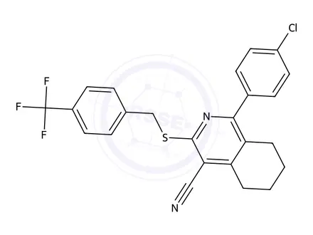 Chemical structure of 1-(4-Chlorophenyl)-3-((4-(trifluoromethyl)benzyl)thio)-5,6,7,8-tetrahydroisoquinoline-4-carbonitrile