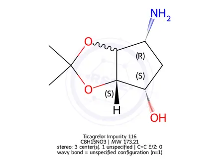 Chemical structure of Ticagrelor Related Compound 3 ((+/-)-6-Aminotetrahydro-2,2-Dimethyl-4H-Cyclopenta-1.3-dioxol-4-ol)