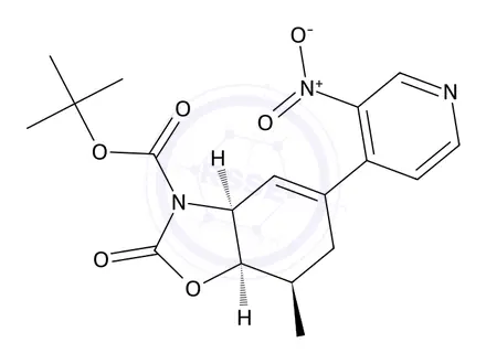 Chemical structure of Tert-butyl rel-(3aS,7R,7aR)-7-methyl-5-(3-nitro-4-pyridyl)-2-oxo-3a,6,7,7a-tetrahydro-1,3-benzoxazole-3-carboxylate