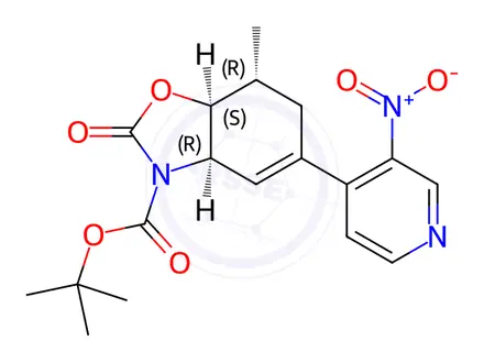 Chemical structure of Tert-butyl rel-(3aR,7R,7aS)-7-methyl-5-(3-nitro-4-pyridyl)-2-oxo-3a,6,7,7a-tetrahydro-1,3-benzoxazole-3-carboxylate