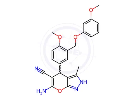 Chemical structure of 6-amino-4-{4-methoxy-3-[(3-methoxyphenoxy)methyl]phenyl}-3-methyl-1,4-dihydropyrano[2,3-c]pyrazole-5-carbonitrile