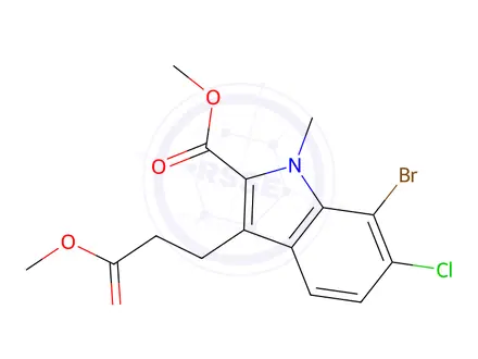 Chemical structure of 1H-Indole-3-propanoic acid, 7-bromo-6-chloro-2-(methoxycarbonyl)-1-methyl-, methyl ester