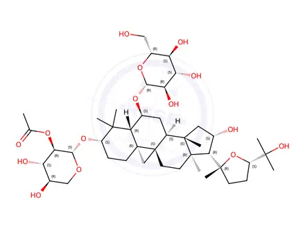 Chemical structure of β-D-Glucopyranoside, (3β,6α,16β,24R)-3-[(2-O-acetyl-β-D-xylopyranosyl)oxy]-20,24-epoxy-16,25-dihydroxy-9,19-cyclolanostan-6-yl (9CI)