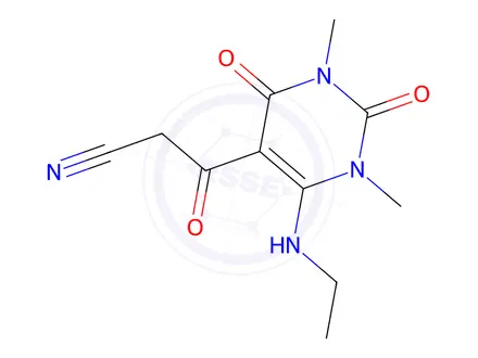 Chemical structure of 6-(ETHYLAMINO)-1,2,3,4-TETRAHYDRO-1,3-DIMETHYL-BETA,2,4-TRIOXO-5-PYRIMIDINEPROPANENITRILE