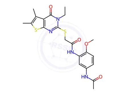 Chemical structure of N-(5-Acetamido-2-methoxyphenyl)-2-((3-ethyl-5,6-dimethyl-4-oxo-3,4-dihydrothieno[2,3-d]pyrimidin-2-yl)thio)acetamide