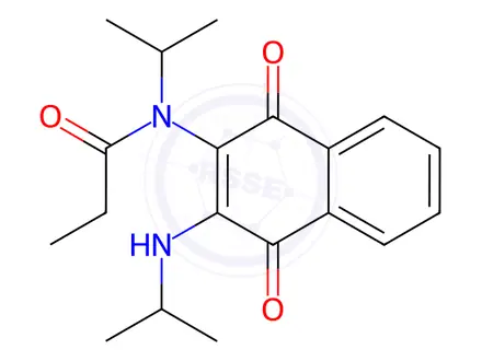 Chemical structure of N-{1,4-dioxo-3-[(propan-2-yl)amino]-1,4-dihydronaphthalen-2-yl}-N-(propan-2-yl)propanamide