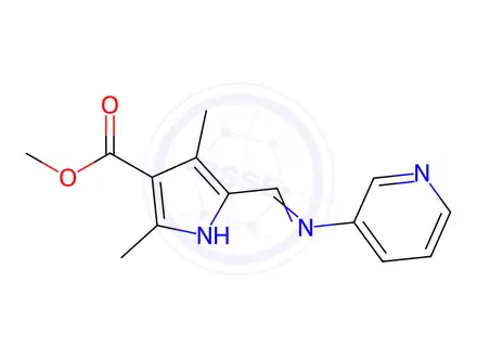 Chemical structure of 1H-Pyrrole-3-carboxylicacid,2,4-dimethyl-5-[(3-pyridinylimino)methyl]-,methylester(9CI)