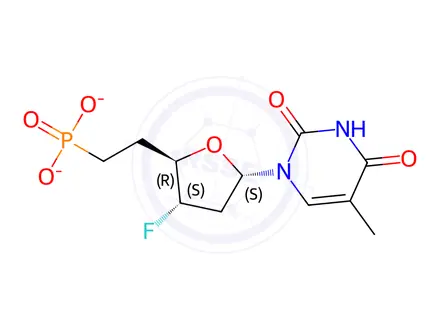 Chemical structure of 1-(2',3',5',6'-tetradeoxy-3'-fluoro-6'-phosphono-erythro-hexofuranosyl)thymine