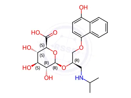 Chemical structure of (2S,3S,4S,5R,6R)-3,4,5-Trihydroxy-6-(((R)-1-((4-hydroxynaphthalen-1-yl)oxy)-3-(isopropylamino)propan-2-yl)oxy)tetrahydro-2H-pyran-2-carboxylic Acid