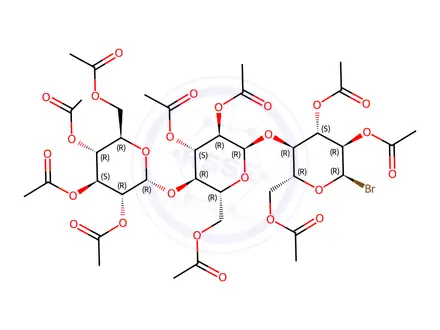 Chemical structure of O-2,3,4,6-Tetra-O-acetyl-α-D-glucopyranosyl-(1→4)-O-2,3,6-tri-O-acetyl-α-D-glucopyranosyl-(1→4)-α-D-Glucopyranosyl Bromide Triacetate (Stabilized with 2.5% CaCO3)