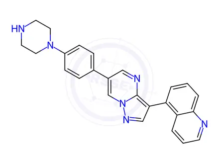 Chemical structure of 5-[6-[4-(1-Piperazinyl)phenyl]pyrazolo[1,5-a]pyrimidin-3-yl]quinoline