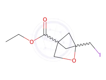 Chemical structure of 2-Oxabicyclo[2.1.1]hexane-4-carboxylic acid, 1-(iodomethyl)-, ethyl ester