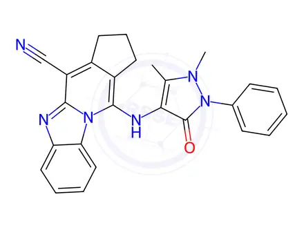 Chemical structure of 11-[(1,5-dimethyl-3-oxo-2-phenyl-2,3-dihydro-1H-pyrazol-4-yl)amino]-2,3-dihydro-1H-cyclopenta[4,5]pyrido[1,2-a]benzimidazole-4-carbonitrile