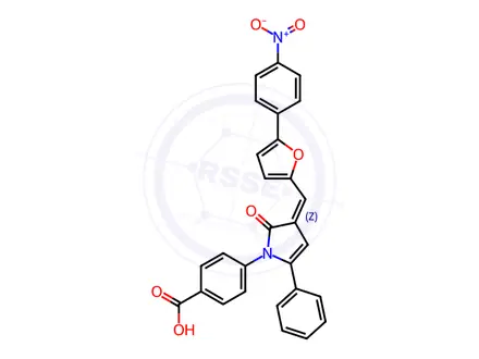 Chemical structure of (E)-4-(3-((5-(4-Nitrophenyl)furan-2-yl)methylene)-2-oxo-5-phenyl-2,3-dihydro-1H-pyrrol-1-yl)benzoic Acid