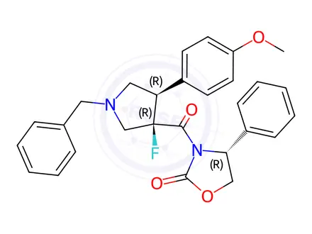 Chemical structure of 2-Oxazolidinone, 3-[[(3R,4R)-3-fluoro-4-(4-methoxyphenyl)-1-(phenylmethyl)-3-pyrrolidinyl]carbonyl]-4-phenyl-, (4R)-