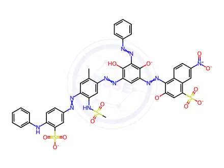 Chemical structure of Ferrate(2-), 3-(hydroxy-.kappa.O)-4-2-(hydroxy-.kappa.O)-4-hydroxy-5-2-methyl-5-(methylsulfonyl)amino-4-4-(phenylamino)-3-sulfophenylazophenylazo-3-(phenylazo)phenylazo-.kappa.N1-7-nitro-1-naphthalenesulfonato(4-)-, sodium hydrogen