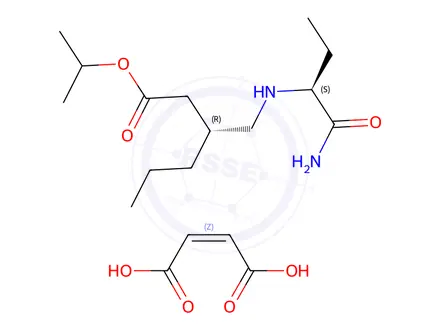Chemical structure of (R)-isopropyl 3-((((S)-1-amino-1-oxobutan-2-yl)amino)methyl)hexanoate maleate