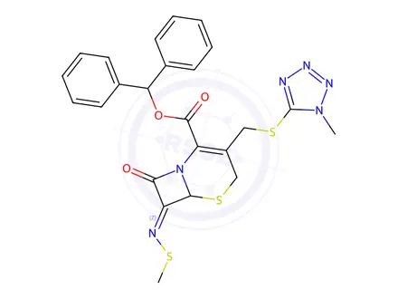 Chemical structure of (Z)-benzhydryl 3-(((1-methyl-1H-tetrazol-5-yl)thio)methyl)-7-((methylthio)imino)-8-oxo-5-thia-1-azabicyclo[4.2.0]oct-2-ene-2-carboxylate