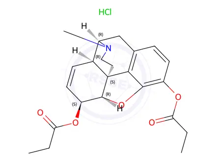 Chemical structure of (5alpha,6alpha)-7,8-didehydro-4,5-epoxy-17-methylmorphinan-3,6-diyl dipropionate hydrochloride