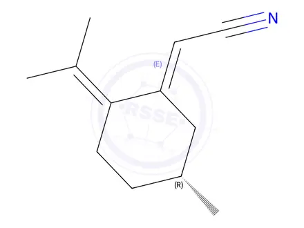Chemical structure of Acetonitrile, [(5R)-5-methyl-2-(1-methylethylidene)cyclohexylidene]-, (2Z)-(9CI)