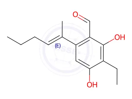 Chemical structure of Benzaldehyde, 3-ethyl-2,4-dihydroxy-6-[(1E)-1-methyl-1-penten-1-yl]-