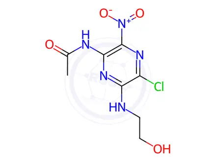 Chemical structure of N-(5-Chloro-6-((2-hydroxyethyl)amino)-3-nitropyrazin-2-yl)acetamide