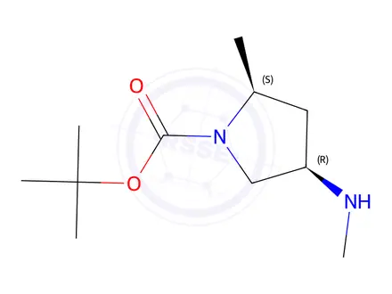 Chemical structure of Tert-butyl (2S,4R)-2-methyl-4-(methylamino)pyrrolidine-1-carboxylate