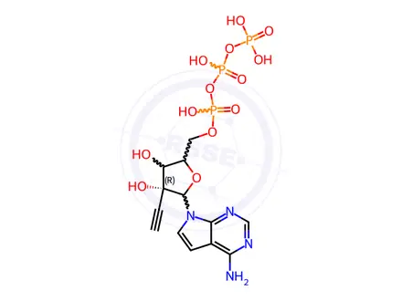 Chemical structure of 7-[2-C-Ethynyl-5-O-[hydroxy[[hydroxy(phosphonooxy)phosphinyl]oxy]phosphinyl]-β-D-ribofuranosyl]-7H-pyrrolo[2,3-d]pyrimidin-4-amine