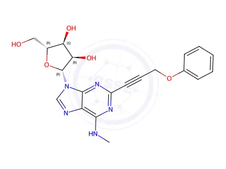 Chemical structure of (2R,3S,4R,5R)-2-(Hydroxymethyl)-5-(6-(methylamino)-2-(3-phenoxyprop-1-yn-1-yl)-9H-purin-9-yl)tetrahydrofuran-3,4-diol