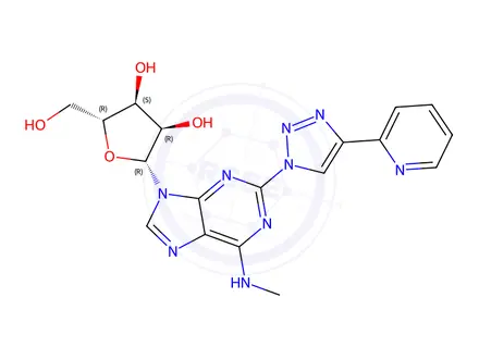 Chemical structure of (2R,3S,4R,5R)-2-(Hydroxymethyl)-5-(6-(methylamino)-2-(4-(pyridin-2-yl)-1H-1,2,3-triazol-1-yl)-9H-purin-9-yl)tetrahydrofuran-3,4-diol