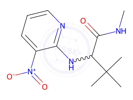 Chemical structure of N,3,3-trimethyl-2-((3-nitropyridin-2-yl)amino)butanamide