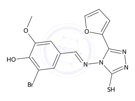 Chemical structure of 4-((3-Bromo-4-hydroxy-5-methoxybenzylidene)amino)-3-(furan-2-yl)-1H-1,2,4-triazole-5(4H)-thione