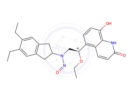 Chemical structure of (R)-N-(5,6-diethyl-2,3-dihydro-1H-inden-2-yl)-N-(2-ethoxy-2-(8-hydroxy-2-oxo-1,2-dihydroquinolin-5-yl)ethyl)nitrous amide