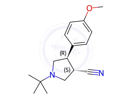 Chemical structure of (3S,4R)-1-(tert-butyl)-4-(4-methoxyphenyl)pyrrolidine-3-carbonitrile