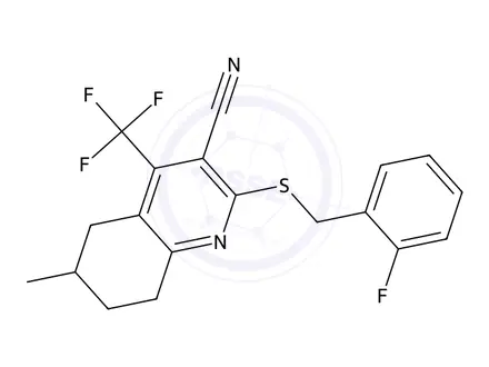 Chemical structure of 2-((2-Fluorobenzyl)thio)-6-methyl-4-(trifluoromethyl)-5,6,7,8-tetrahydroquinoline-3-carbonitrile