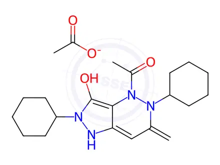 Chemical structure of 4-Acetyl-2,4,5,6-tetrahydro-6-methylene-2,5-diphenyl-1H-pyrazolo[4,3-c]pyridazin-3-ol acetate
