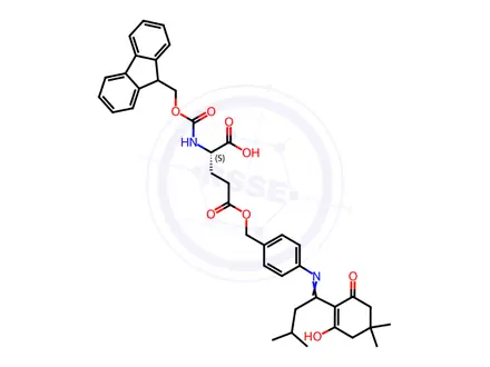 Chemical structure of (2S)-2-(9H-fluoren-9-ylmethoxycarbonylamino)-5-[[4-[[1-(2-hydroxy-4,4-dimethyl-6-oxocyclohexen-1-yl)-3-methylbutylidene]amino]phenyl]methoxy]-5-oxopentanoic acid