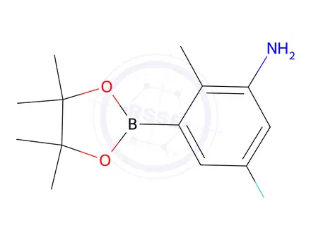 Chemical structure of 5-Fluoro-2-methyl-3-(4,4,5,5-tetramethyl-1,3,2-dioxaborolan-2-yl)aniline