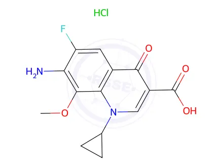 Chemical structure of 7-Amino-1-cyclopropyl-6-fluoro-1,4-dihydro-8-methoxy-4-oxo-3-quinolinecarboxylic acid hydrochloride