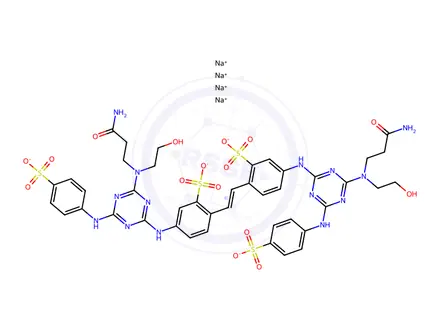 Chemical structure of tetrasodium 4,4'-bis[[4-[(2-carbamoylethyl)(2-hydroxyethyl)amino]-6-(p-sulphonatoanilino)-1,3,5-triazin-2-yl]amino]stilbene-2,2'-disulphonate