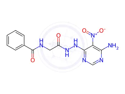 Chemical structure of N-(2-(2-(6-Amino-5-nitropyrimidin-4-yl)hydrazinyl)-2-oxoethyl)benzamide