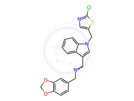 Chemical structure of N-(benzo[d][1,3]dioxol-5-ylmethyl)-1-(1-((2-chlorothiazol-5-yl)methyl)-1H-indol-3-yl)methanimine
