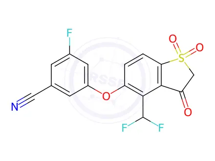 Chemical structure of Benzonitrile, 3-[[4-(difluoromethyl)-2,3-dihydro-1,1-dioxido-3-oxobenzo[b]thien-5-yl]oxy]-5-fluoro-