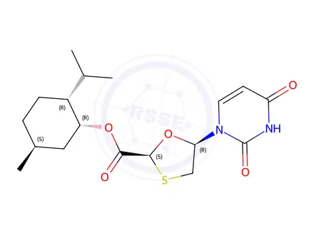 Chemical structure of (2R,5S)-(1R,2S,5R)-2-isopropyl-5-methylcyclohexyl 5-(2,4-dioxo-3,4-dihydropyrimidin-1(2H)-yl)-1,3-oxathiolane-2-carboxylate
