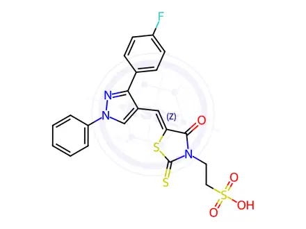 Chemical structure of 2-(5-((3-(4-Fluorophenyl)-1-phenyl-1H-pyrazol-4-yl)methylene)-4-oxo-2-thioxothiazolidin-3-yl)ethanesulfonic acid