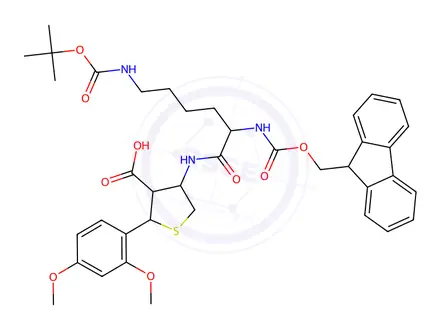 Chemical structure of Fmoc-Lys(Boc)-Cys(Psi(Dmp,H)pro)-OH