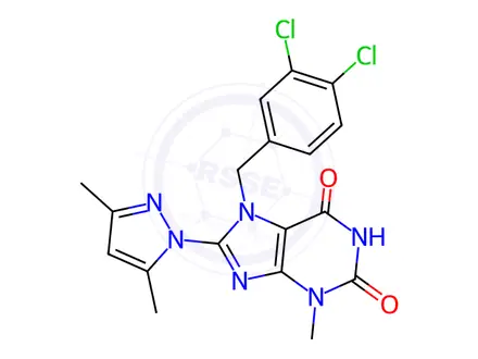 Chemical structure of 7-[(3,4-Dichlorophenyl)methyl]-8-(3,5-dimethyl-1H-pyrazol-1-yl)-3,7-dihydro-3-methyl-1H-purine-2,6-dione