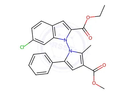 Chemical structure of Ethyl 6-chloro-1-(3-(methoxycarbonyl)-2-methyl-5-phenyl-1H-pyrrol-1-yl)-1H-indole-2-carboxylate