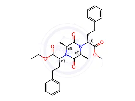 Chemical structure of (a1S,a4S,2S,5S)-2,5-Dimethyl-3,6-dioxo-a1,a4-bis(2-phenylethyl)-1,4-piperazinediacetic Acid 1,4-Diethyl Ester